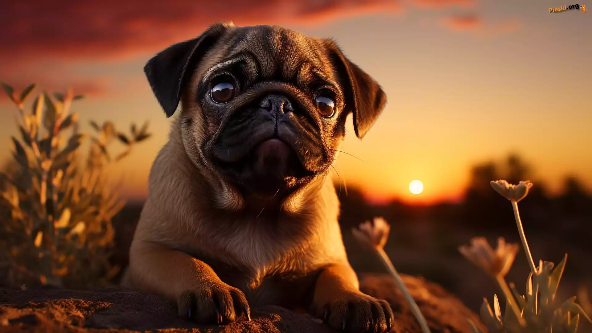 Zachód słońca, AI, Pies, Rośliny, Mops
