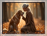 Jesień, Blondynka, Płaszcz, Kobieta, Golden retriever, Pies