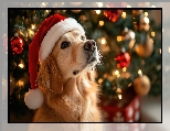 Grafika AI, Golden retriever, Czapka, Pies, Mikołaja, Świętego